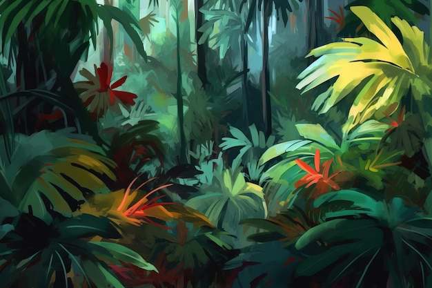 Una pintura de una escena de la jungla con las palabras jungla.