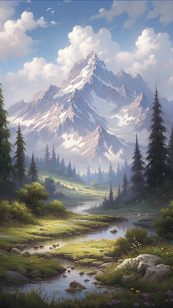 pintura de una escena de montaña con un arroyo y un bosque ai generativo