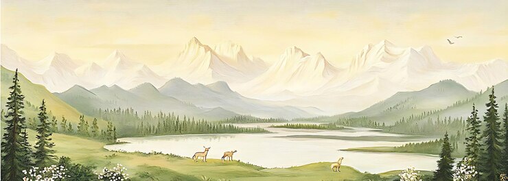pintura de una escena de montaña con ciervos y un lago en primer plano