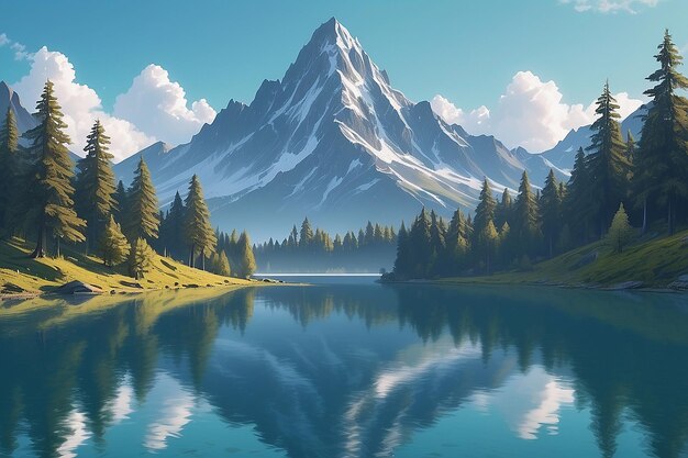 Pintura de una escena de montaña con un lago y árboles generativo ai