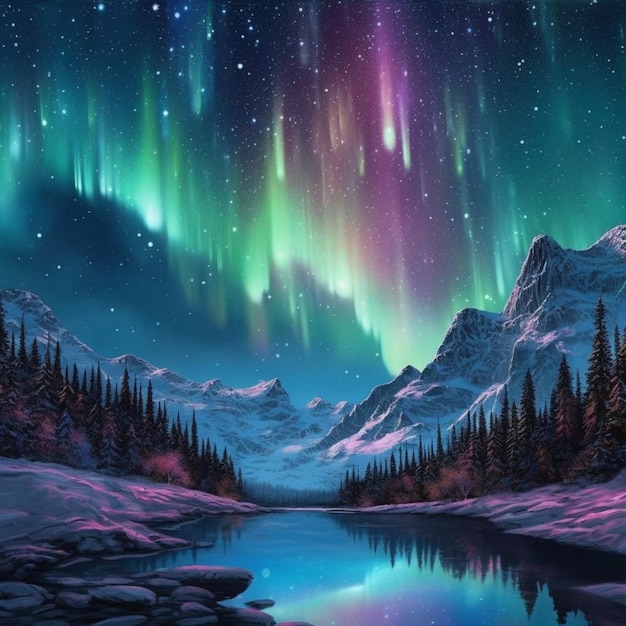 Una pintura de una escena de montaña con un lago y luces de aurora generativa ai