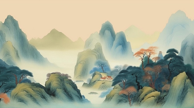 Una pintura de una escena de montaña con una pequeña casa en primer plano.