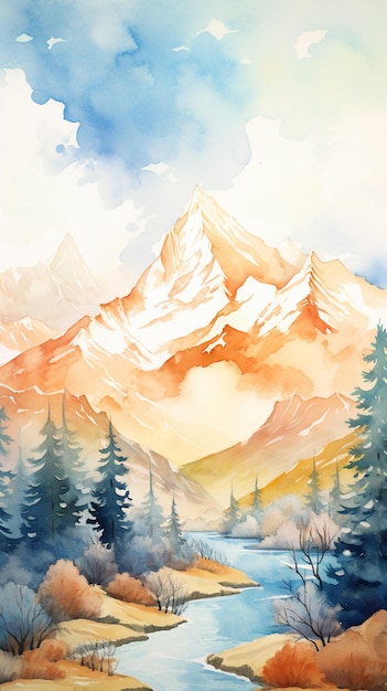 Foto pintura de una escena de montaña con un río y árboles generativo ai