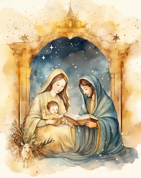 Pintura de una escena de la Natividad con un bebé Jesús y un pesebre generativo ai