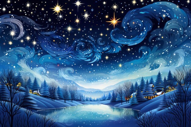 Foto pintura de escena nocturna de invierno con árboles estrellas y luna paisaje de fantasía bosque nevado con estrellas