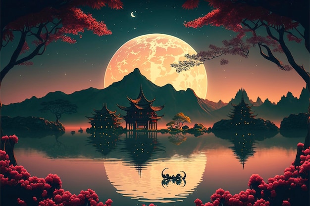 Pintura de una escena nocturna con luna llena generativa ai
