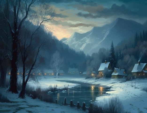 pintura de una escena nocturna nevada con un río y una cabaña generativa ai