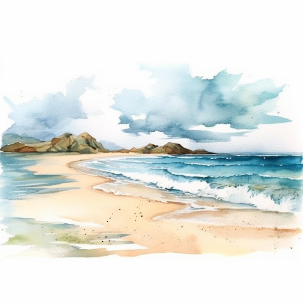 Pintura de una escena de playa con un cielo azul y nubes blancas ai generativo
