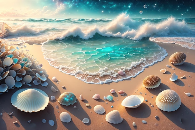 Una pintura de una escena de playa con conchas y agua.