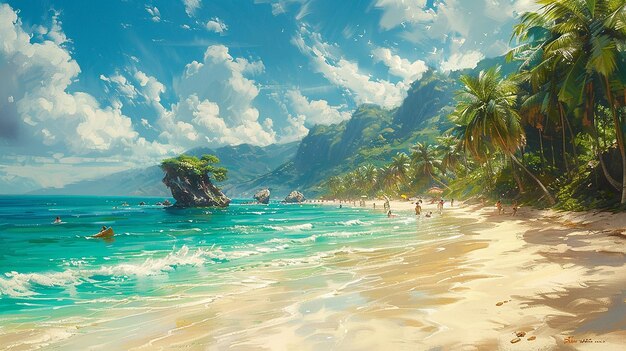 una pintura de una escena de playa con una escena de costa y una escena de praia