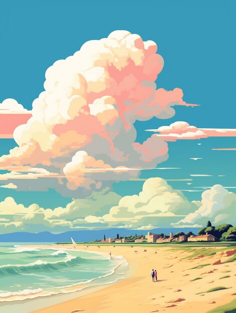 una pintura de una escena de playa con una escena de praia y nubes en el fondo.