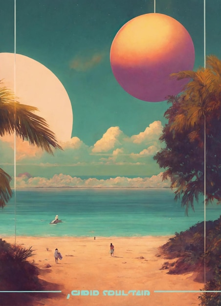 una pintura de una escena de playa con una escena de praia y una pareja en la playa