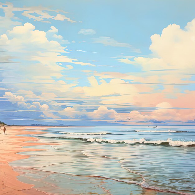 una pintura de una escena de playa con una escena de praia y un surfista caminando por la arena
