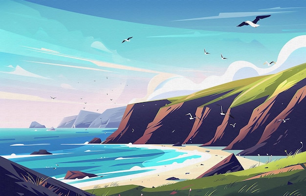 una pintura de una escena de playa con gaviotas volando sobre el océano