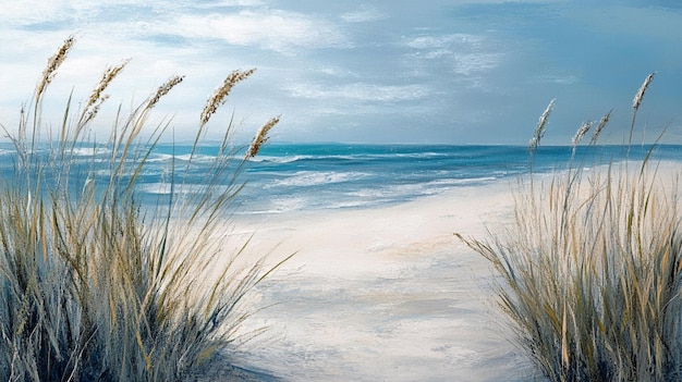 pintura de una escena de playa con hierba y dunas de arena generativa ai