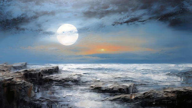 Una pintura de una escena de playa con una luna en el cielo.