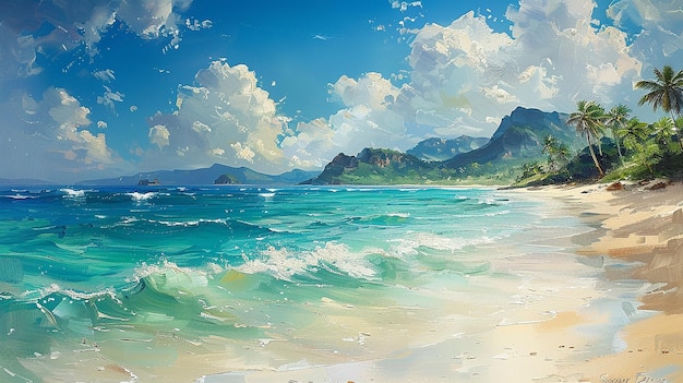 una pintura de una escena de playa con el océano y las montañas en el fondo