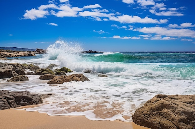 Pintura de una escena de playa con olas que chocan contra la orilla