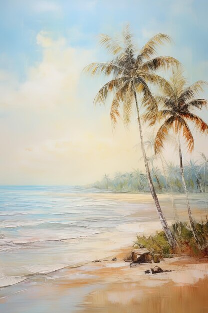 una pintura de una escena de playa con una palmera y el océano en el fondo