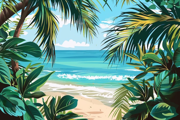 Una pintura de una escena de playa con palmeras y montañas en el fondo