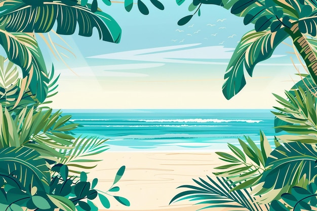 Una pintura de una escena de playa con palmeras y montañas en el fondo