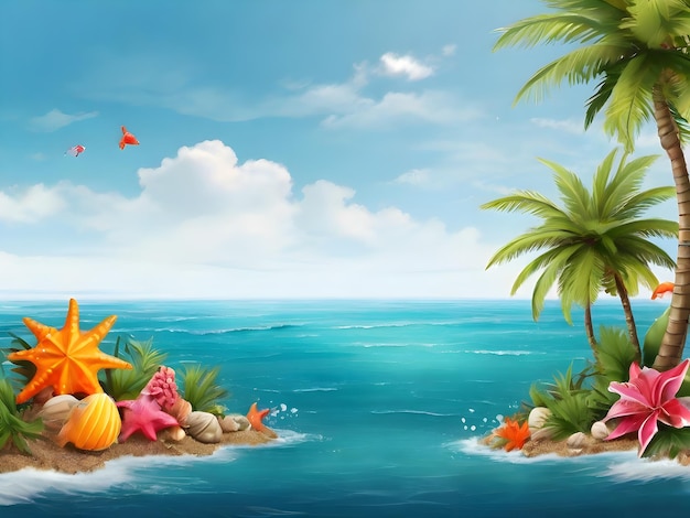 pintura de una escena de playa con palmeras y el océano en el fondo