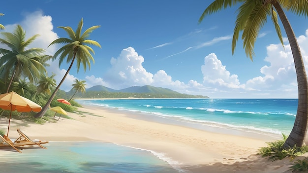 una pintura de una escena de playa con palmeras y el océano en el fondo