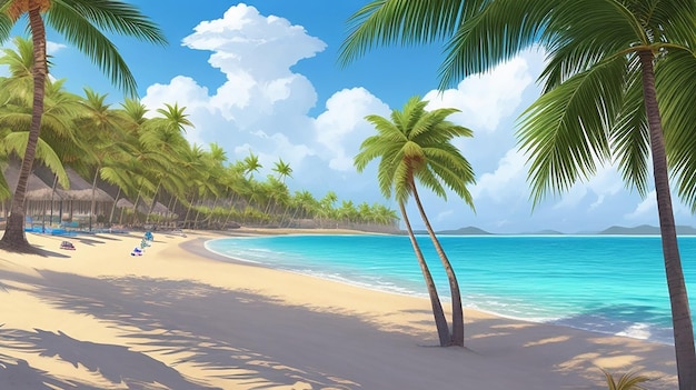 una pintura de una escena de playa con palmeras y el océano en el fondo