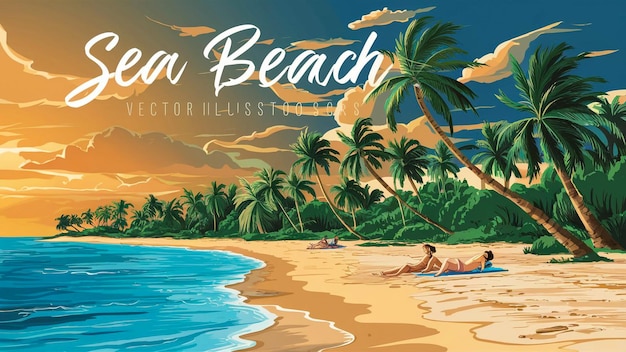 una pintura de una escena de playa con personas en la playa y una puesta de sol