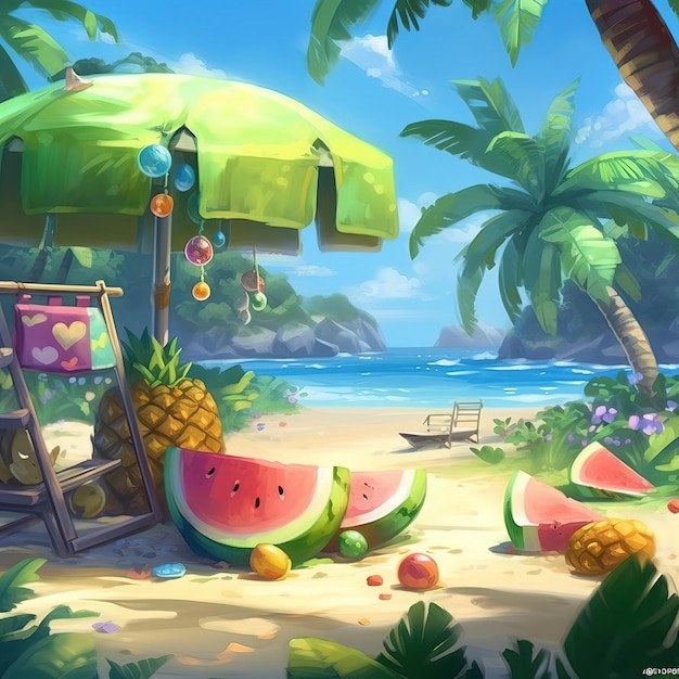 Una pintura de una escena de playa con una piña y una silla.