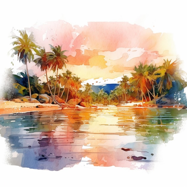 pintura de una escena de playa tropical con palmeras y un cuerpo de agua ai generativo