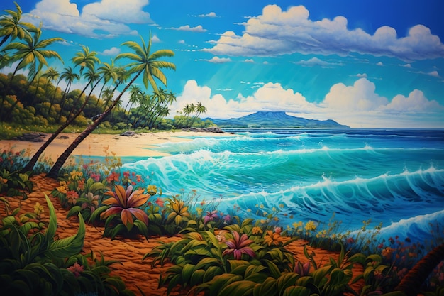 pintura de una escena de playa tropical con palmeras y un océano azul generativo ai