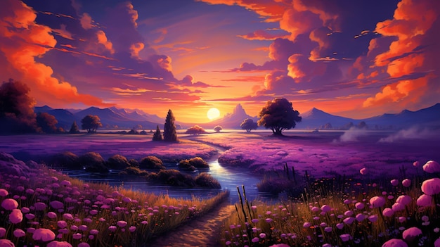 pintura de una escena de puesta de sol con un río y un campo de flores ai generativo