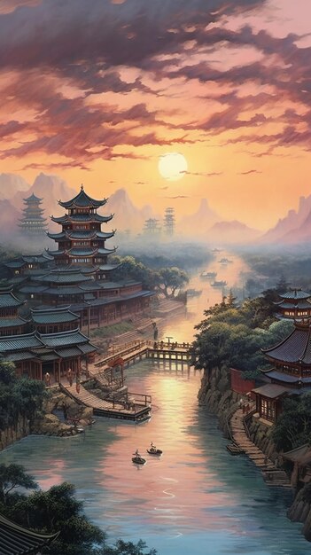 pintura de una escena de puesta de sol con un río y una pagoda generativo ai