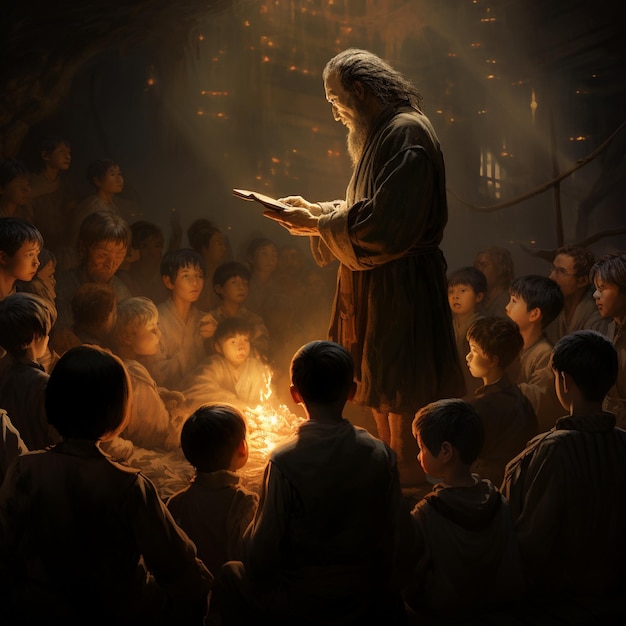 una pintura de una escena religiosa con un jesús leyendo una biblia.