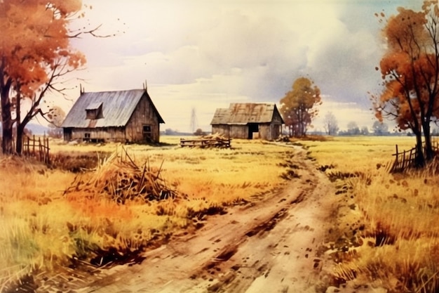 Una pintura de una escena rural con un camino de tierra y árboles.