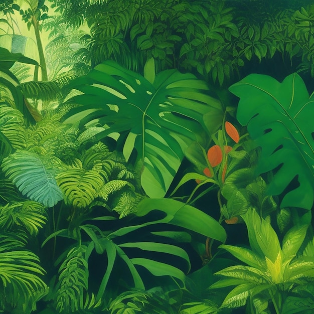 Una pintura de una escena de la selva con un fondo de plantas verdes.