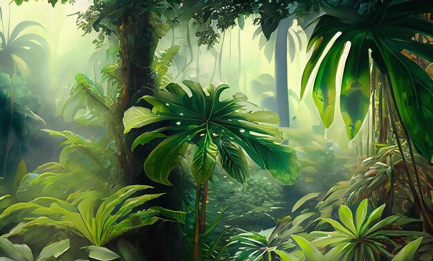 una pintura de una escena de la selva con una planta verde y una hoja verde