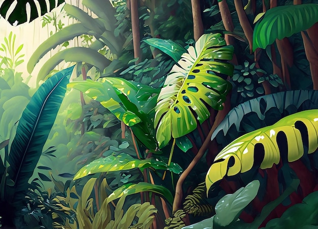 una pintura de una escena de la selva con una planta verde y una hoja verde