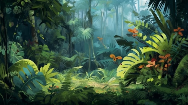 Una pintura de una escena de la selva con una planta verde y una planta de hojas verdes IA generativa