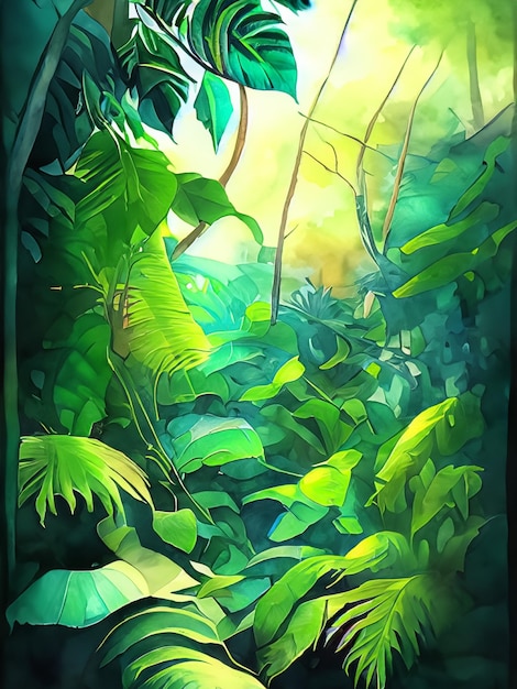 Una pintura de una escena de la selva con una planta verde y una planta de hojas verdes