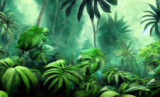 Una pintura de una escena de la selva con una planta verde y una planta de hojas verdes