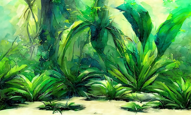 Una pintura de una escena de la selva con una planta verde y una planta de hojas verdes