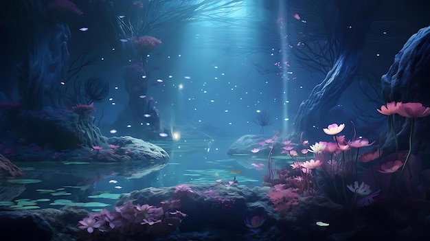 Una pintura de una escena submarina con peces y corales.