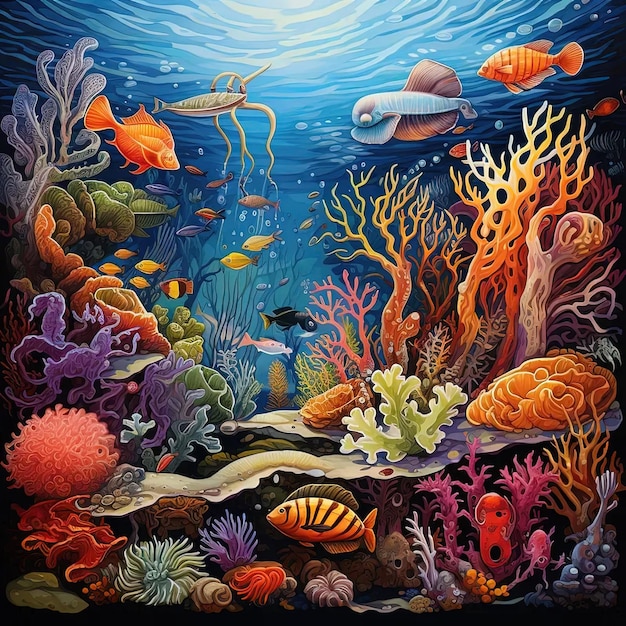 una pintura de una escena submarina con peces y corales