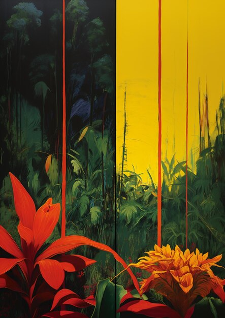 Foto pintura de una escena tropical con un cielo amarillo y flores rojas generativo ai