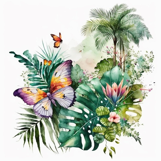 una pintura de una escena tropical con mariposas y palmeras generativa ai