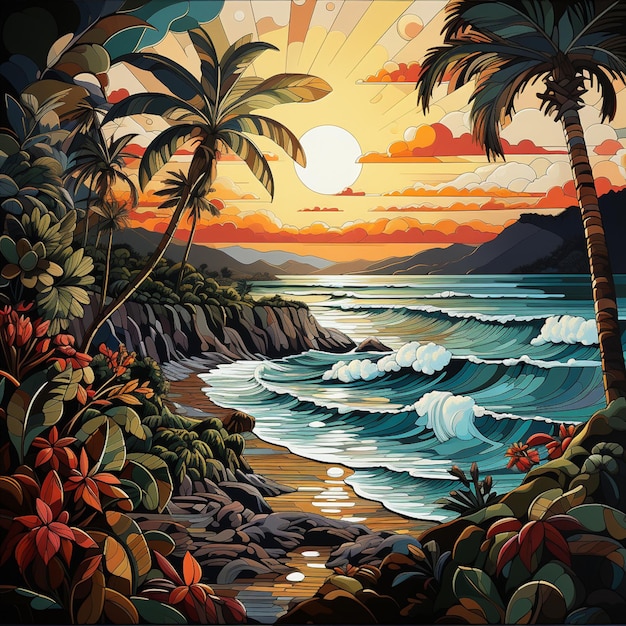 pintura de una escena tropical con palmeras y olas generativas ai