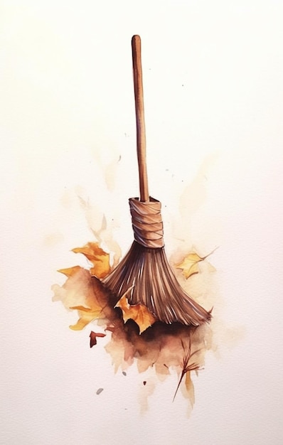 pintura de una escoba con hojas en ella y una escoba en el suelo generativo ai