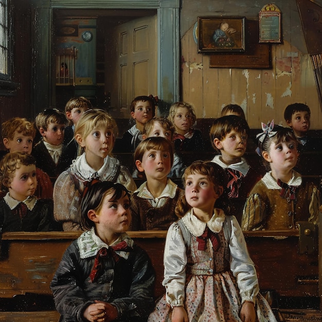 una pintura de una escuela con una chica vestida con un vestido y la palabra cita im una cita en él